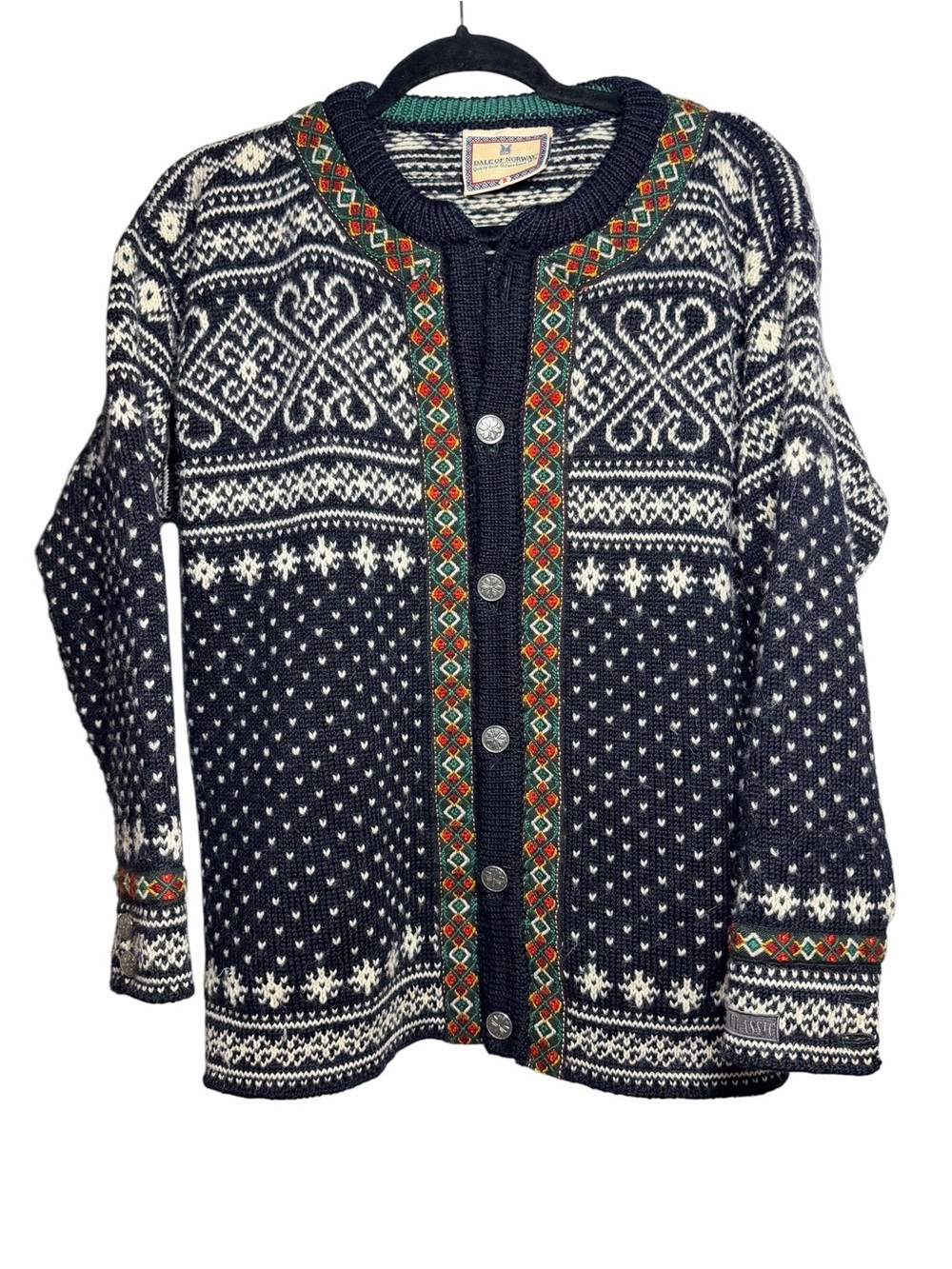 Dale of Norway Navy and White Wool Folk-Trim Cardigan